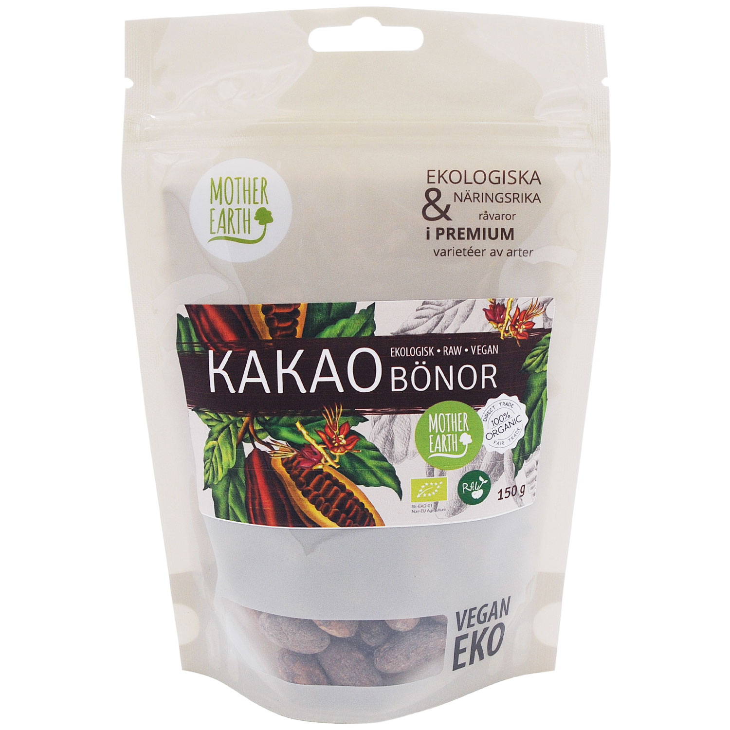 Mother Earth Premium Kakaobönor Pangoa RAW&EKO 150g