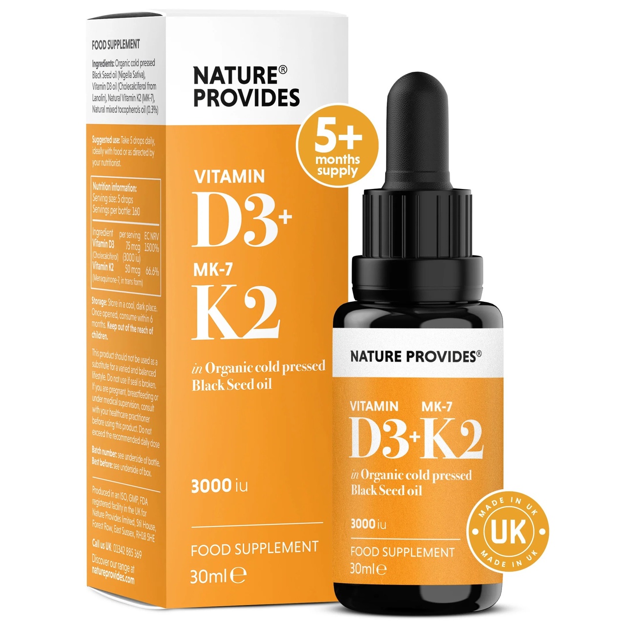 D3 & K2 3000iu i svartkumminolja 30 ml Nature Provides