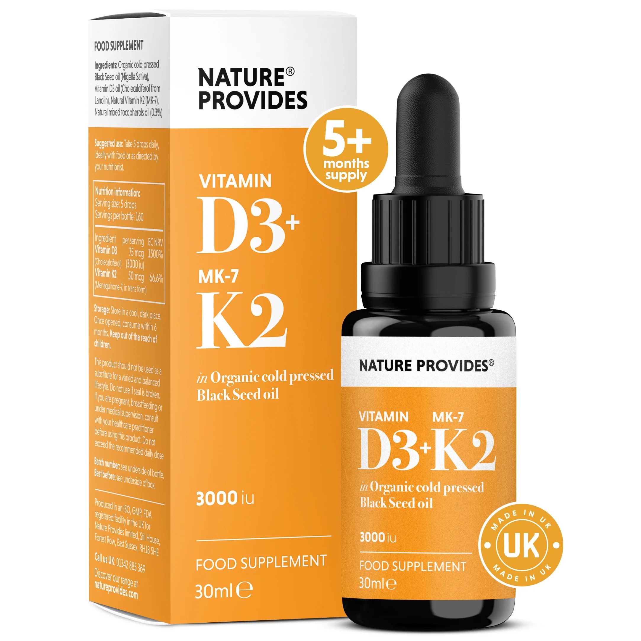 D3 & K2 3000iu i svartkumminolja 30 ml Nature Provides